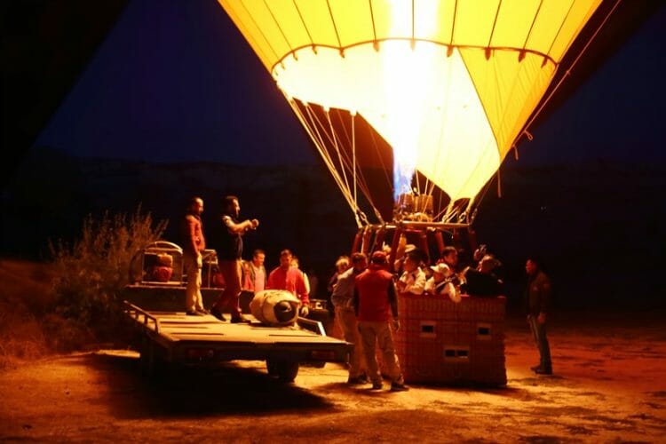 Boarding a hot air balloon in Cappadocia Turkey