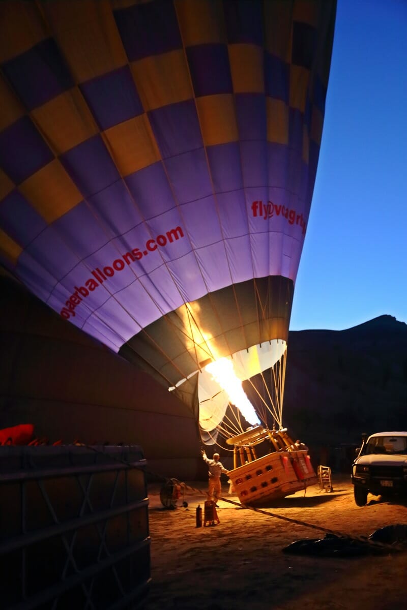 Cappadocia hot air balloon getting ready to take off in Turkey