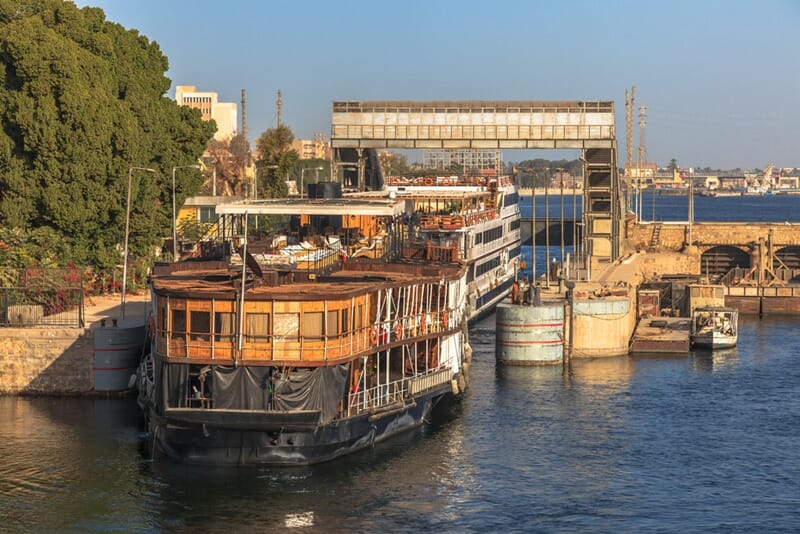 The Esna Lock is a device for raising or lowering boats between stretches of water of different levels on Nile River at Esna, Egypt