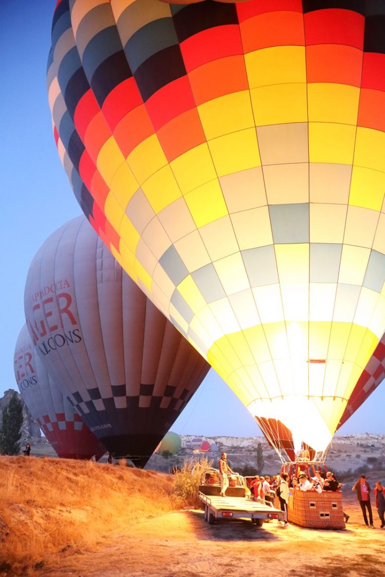 Hot air balloon getting ready to take off in Cappadocia Turkey