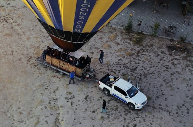 Landing a hot air balloon on trailer in Cappadocia Turkey