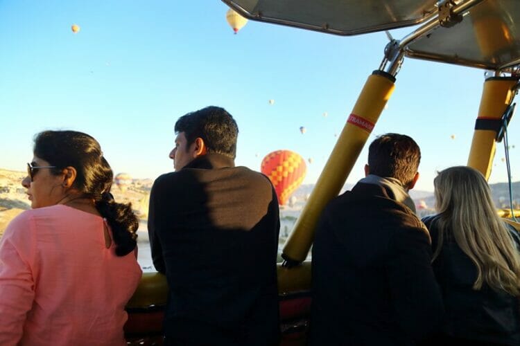 People in hot air balloon in Cappadocia Turkey