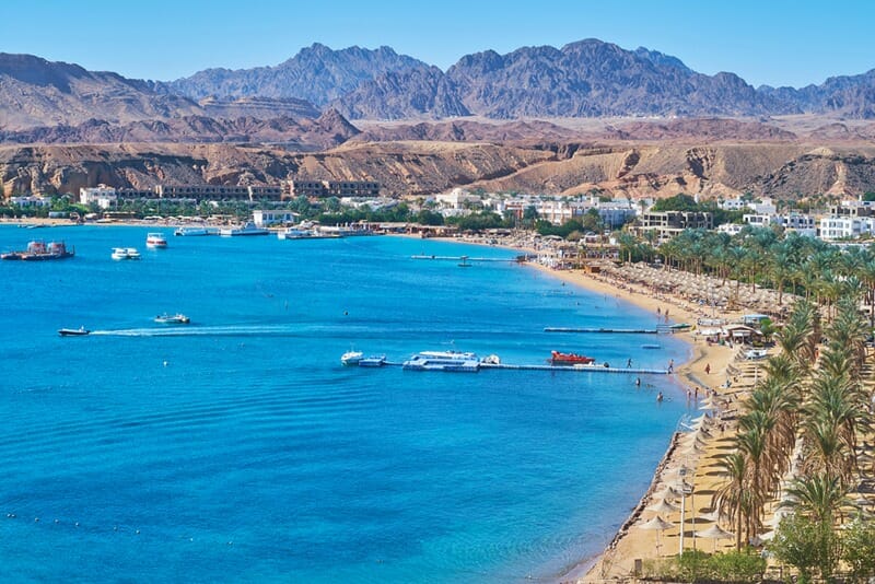 The cozy sand beach of Sharm El Maya is lined with shady palm trees and surrounded by Sinai desert rocks, Sharm El Sheikh, Egypt.