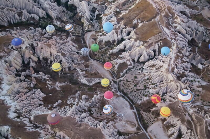 View of hot air balloons from above in Cappadocia Turkey