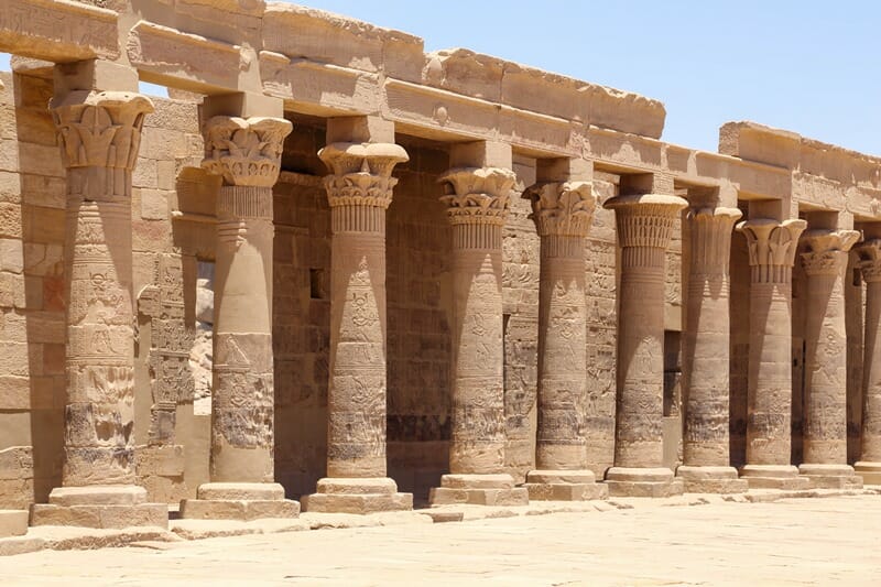 Columns with waterline at the Philae Temple in Egypt