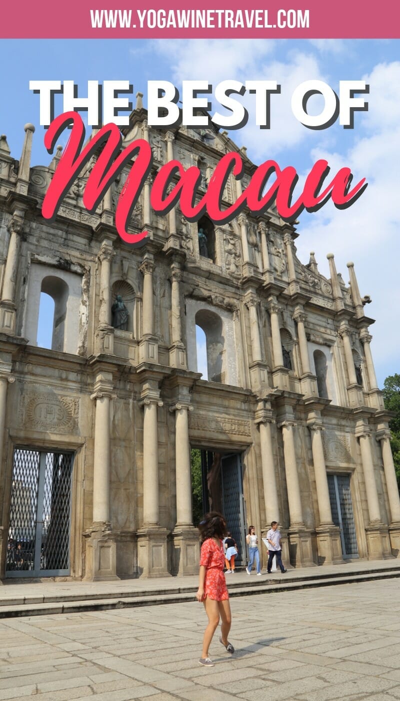 Woman in front of the Ruins of St. Paul's in Macau with text overlay