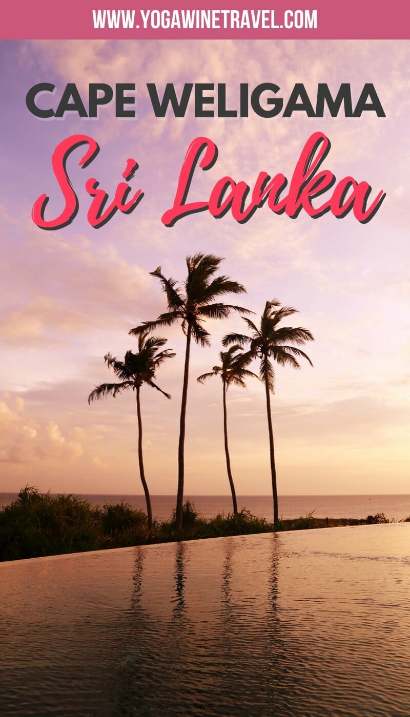 Palm trees and pink sunset in Sri Lanka with text overlay