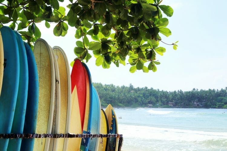 Surfboards in Hiriketiya bay in south Sri Lanka