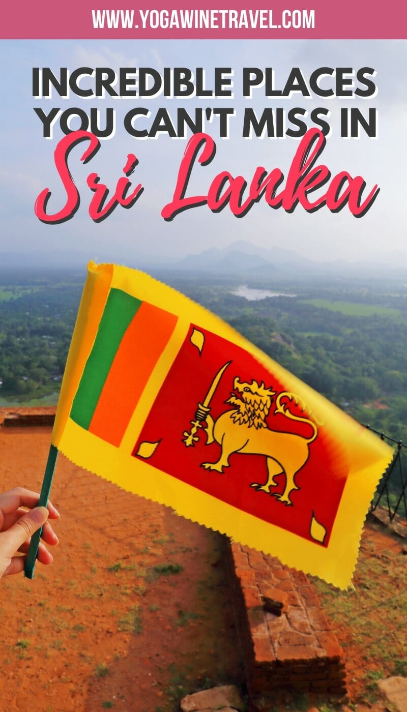 Woman holding Sri Lankan flag with mountains in the background and text overlay