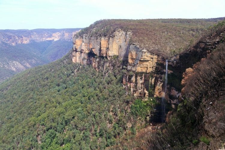 View of Bridal Veil Falls from Govetts Leap Lookout in the Blue Mountain National Park in Australia