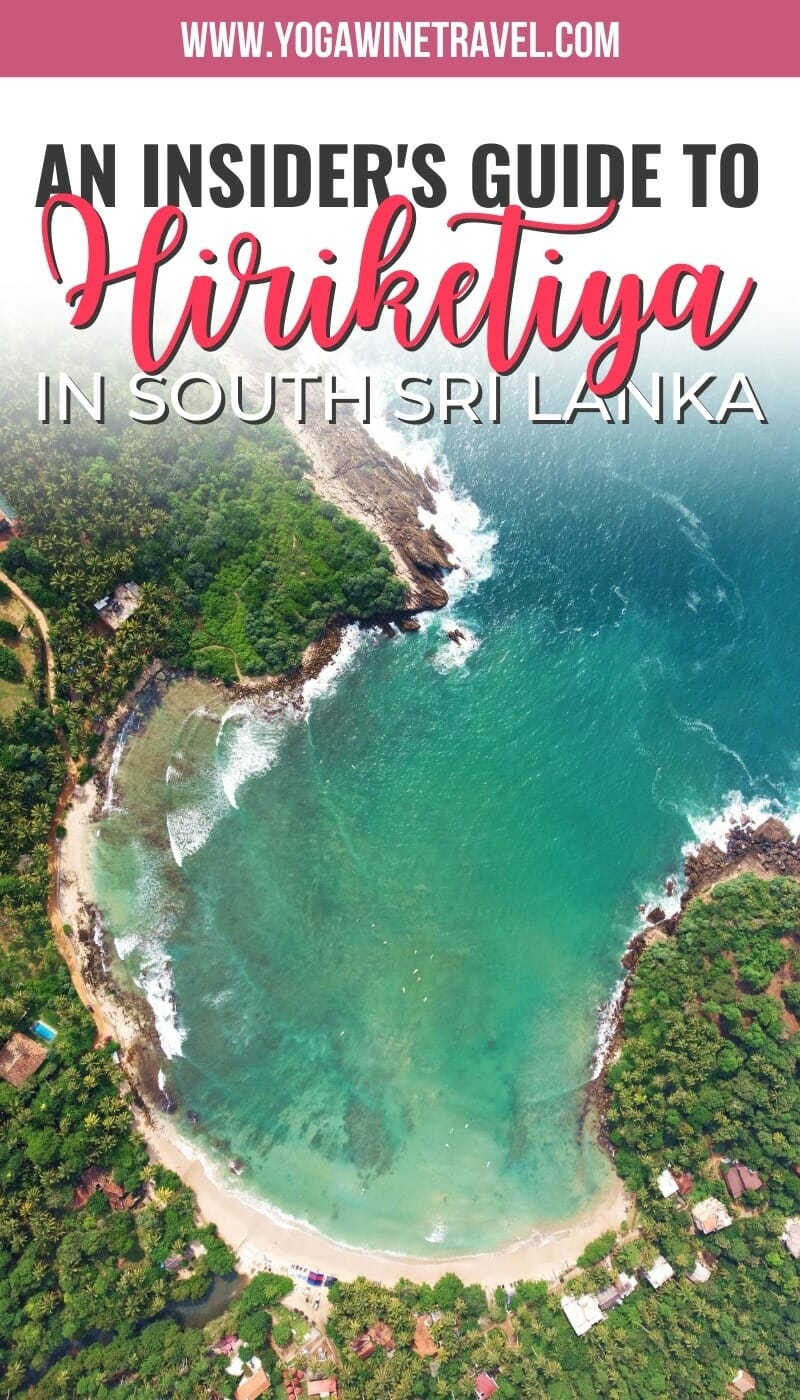 Drone photo of Hiriketiya Beach in Sri Lanka with text overlay