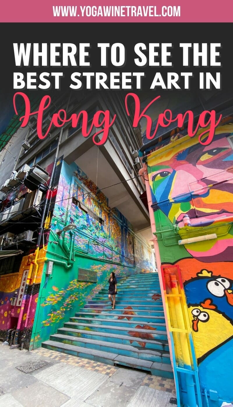 Woman standing in front of Hong Kong street art in Sai Ying Pun with text overlay