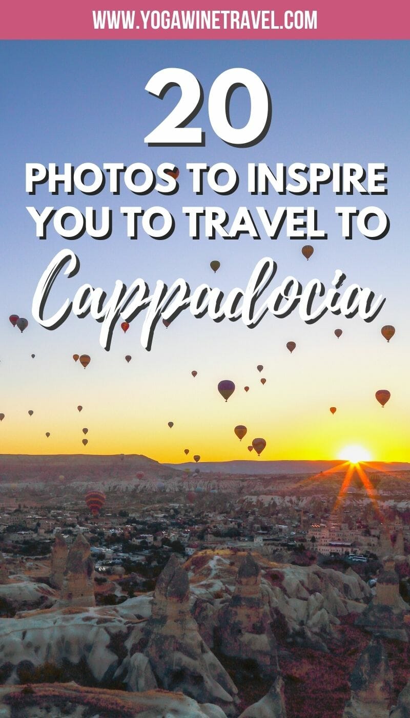 Hot air balloons flying over Goreme town in Cappadocia with text overlay