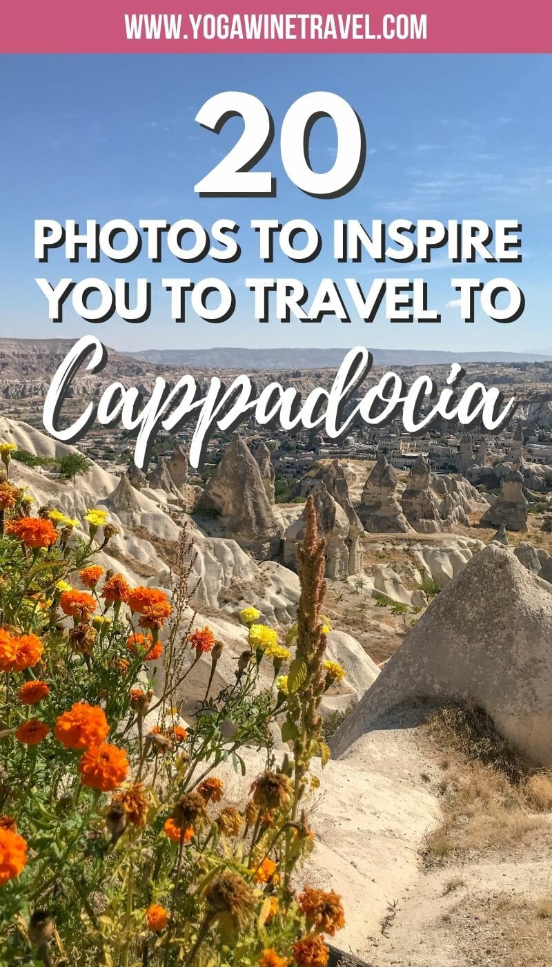 Marigold flowers in foreground with Cappadocia rock formations in the background with text overlay
