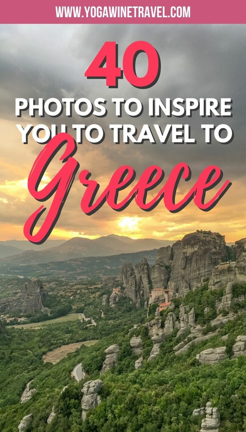 Sunset in Meteora Greece with text overlay