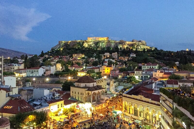 View of Acropolis in Athens Greece at night
