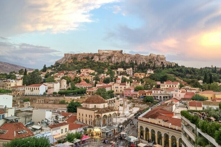 View of Acropolis in Athens Greece at sunset