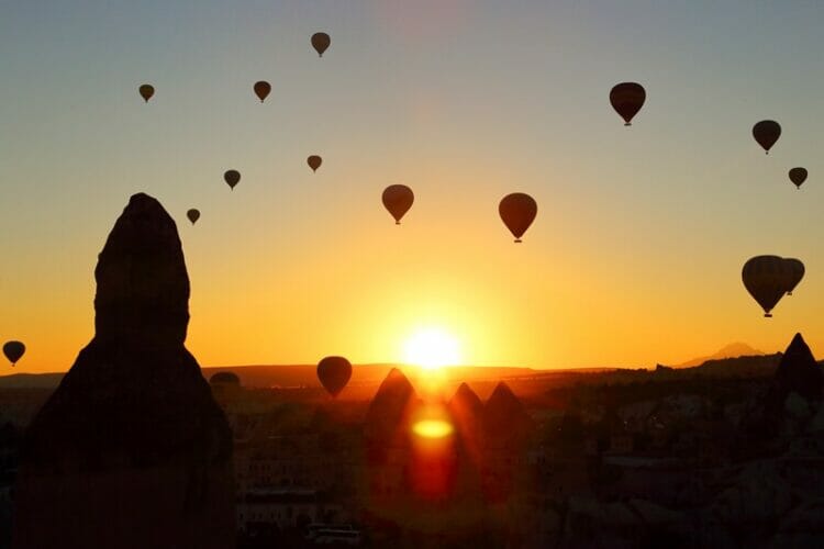Hot air balloons at sunrise in Cappadocia in Turkey