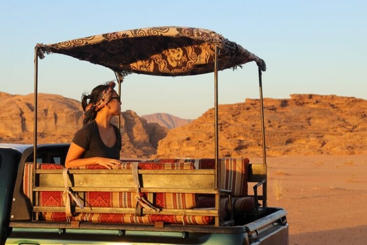 Sitting in a tour jeep in Wadi Rum, Jordan