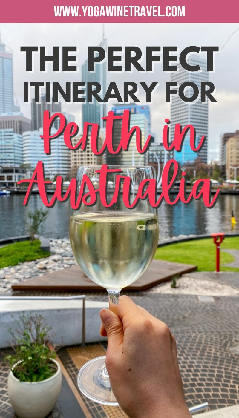 Wine glass in front of Elizabeth Quay in Perth with text overlay