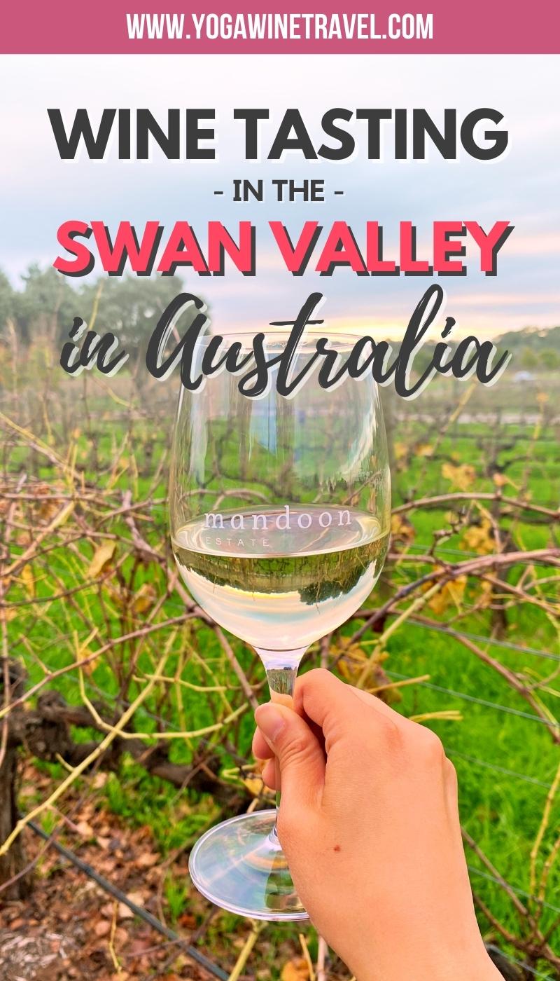 Hand holding wine glass in Swan Valley wine region with text overlay