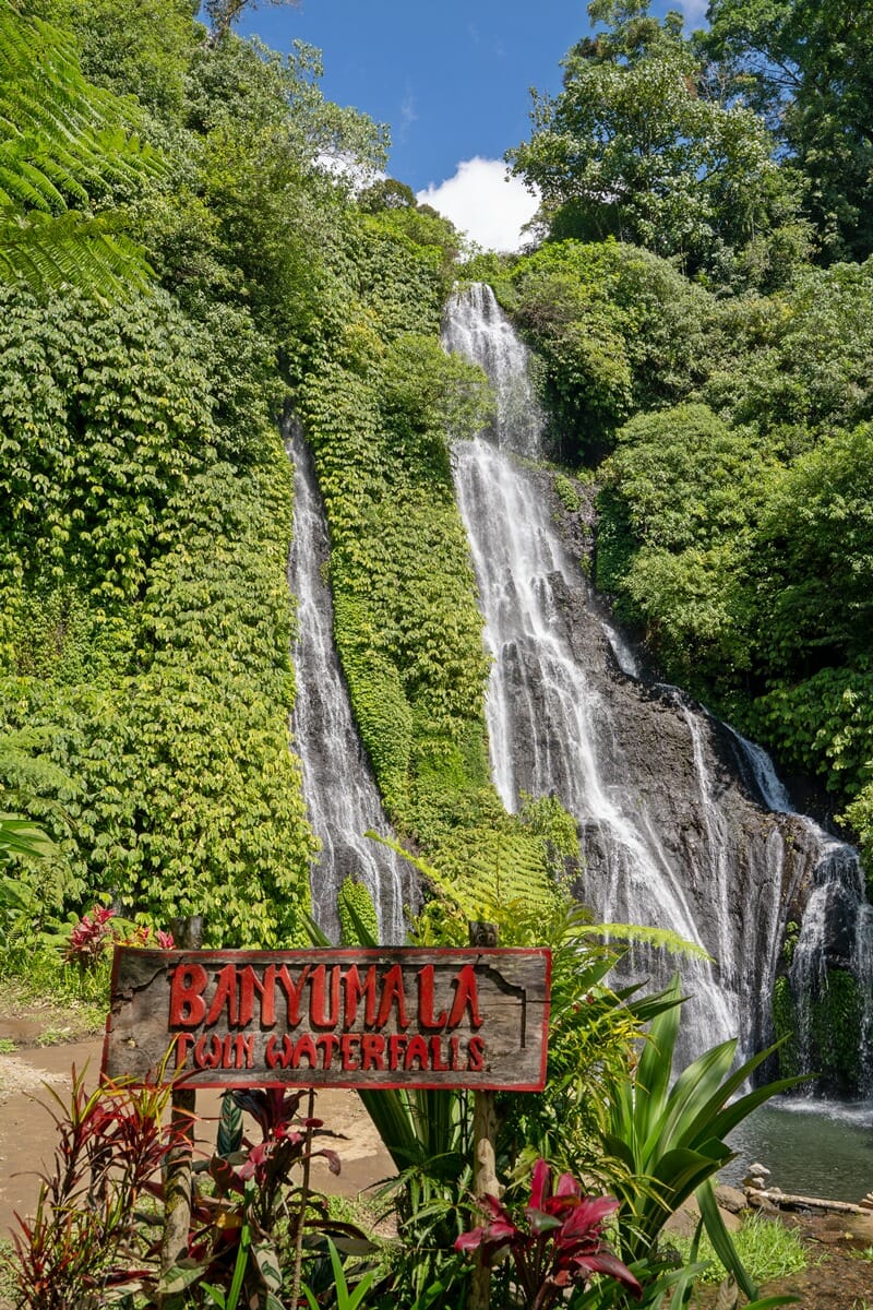 Banyumala Twin Waterfall near Munduk in Bali Indonesia sign