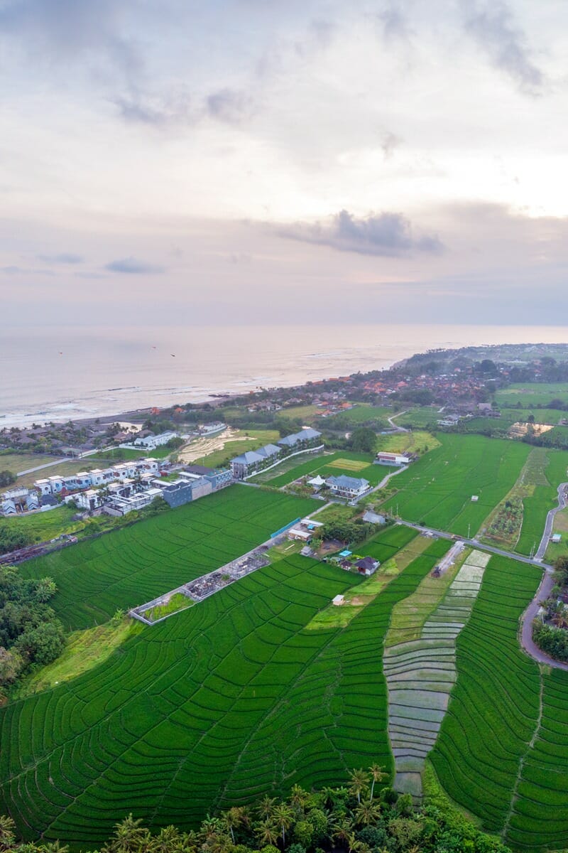 Drone photo of rice fields in Canggu Bali