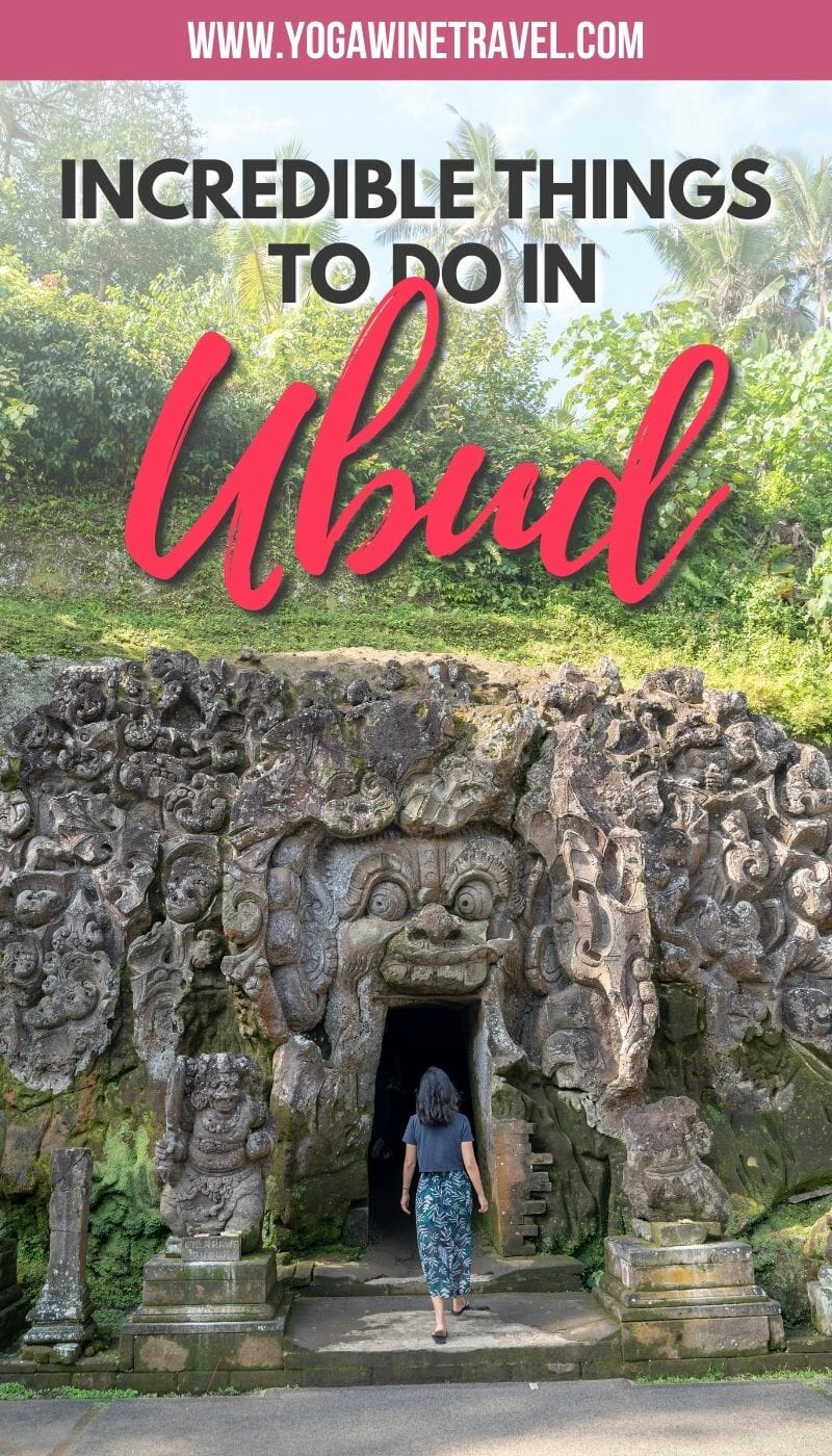 Woman walking into Goa Gajah elephant cave temple near Ubud in Bali with text overlay