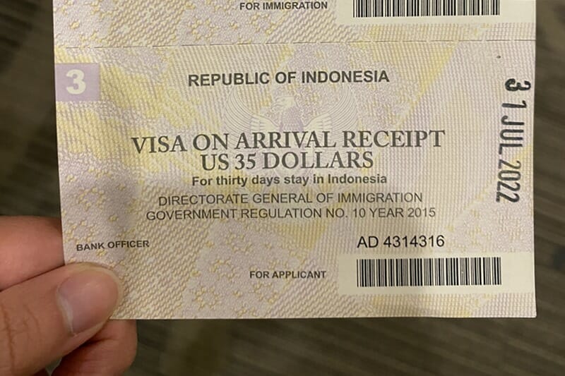 Visa on arrival receipt in Bali Indonesia