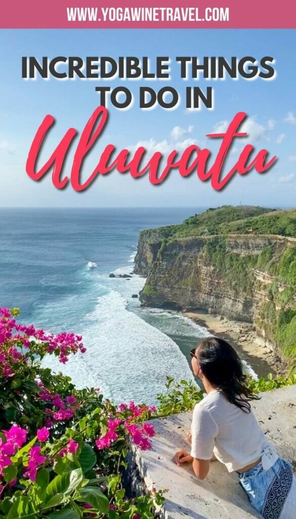 Woman overlooking cliff at Uluwatu in Bali with text overlay