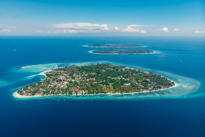 Aerial view with Gili islands and ocean, drone shot