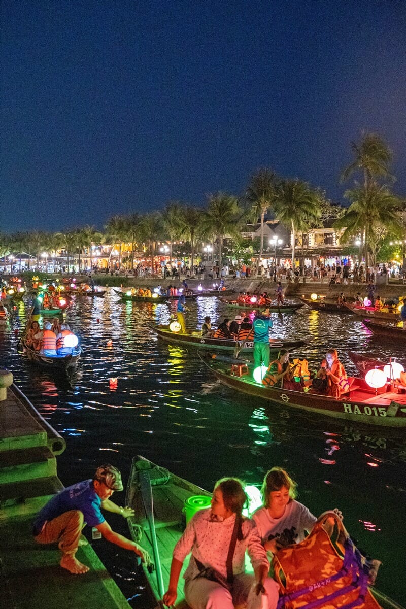 Boats at Hoi An riverside in Vietnam at night