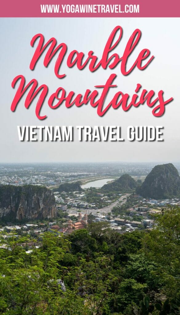 View of the Marble Mountains in Central Vietnam with text overlay
