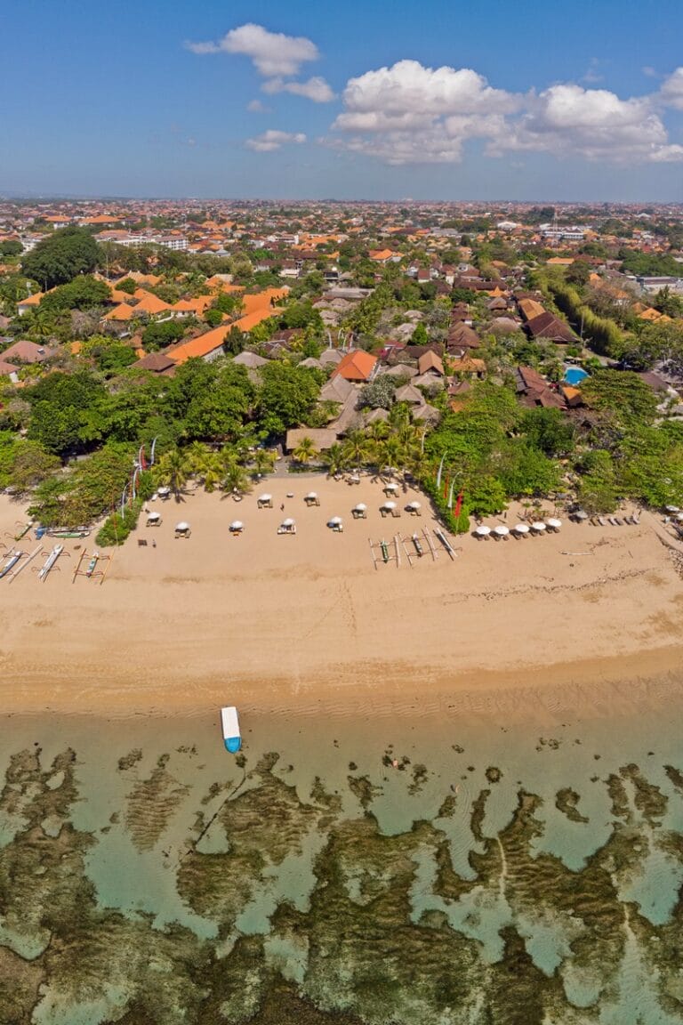 Drone photo of Sanur Beach in Bali