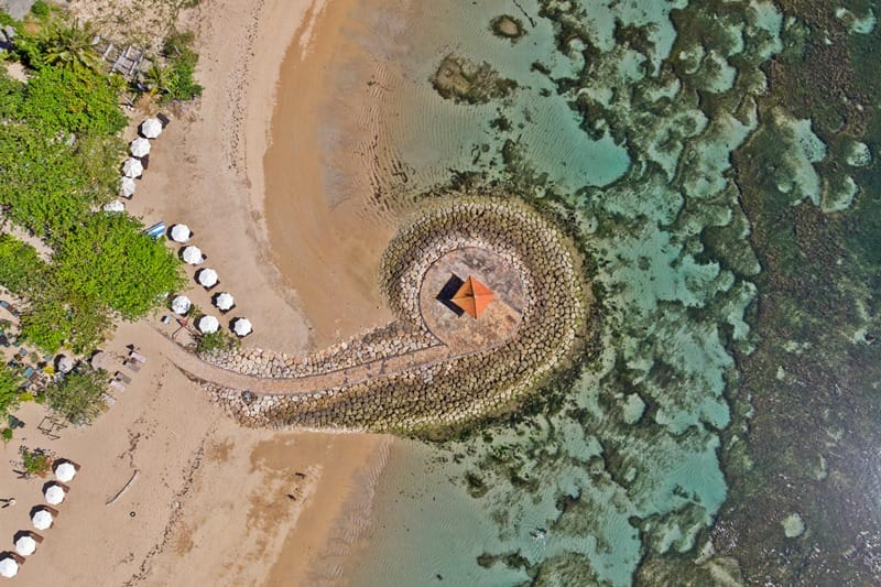 Drone photo of Sanur beach pagoda in Bali Indonesia