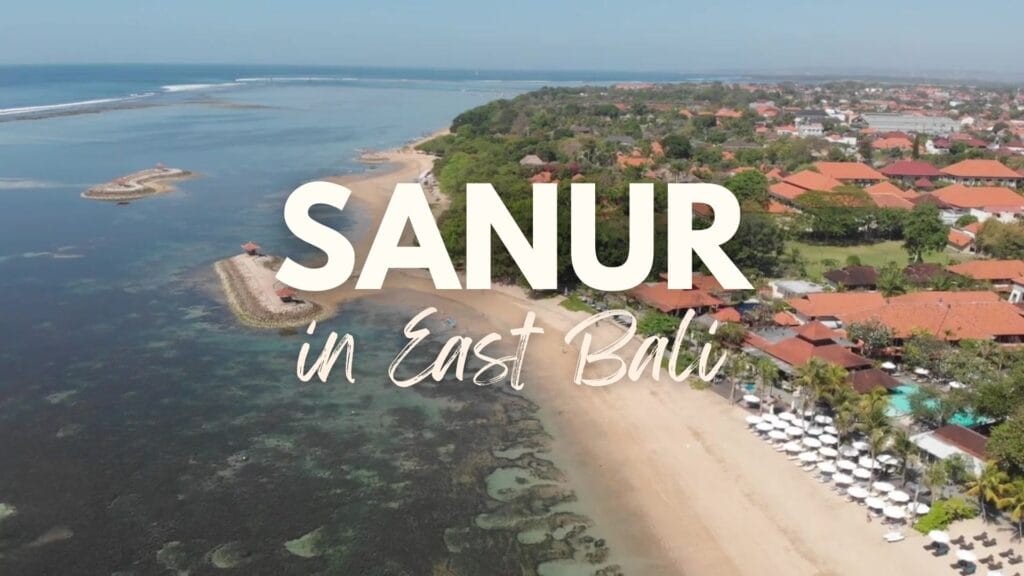 Drone photo of Sanur in Bali with text overlay video thumbnail