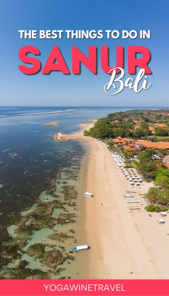 Drone photo of Sanur Beach in Bali Indonesia with text overlay