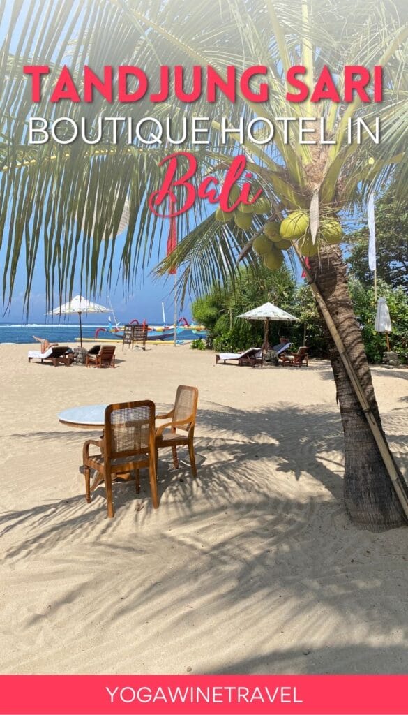 Beach table and chairs under a coconut palm tree on the beach in Sanur Bali with text overlay