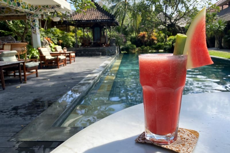 Watermelon juice by the pool at Tandjung Sari in Sanur Bali