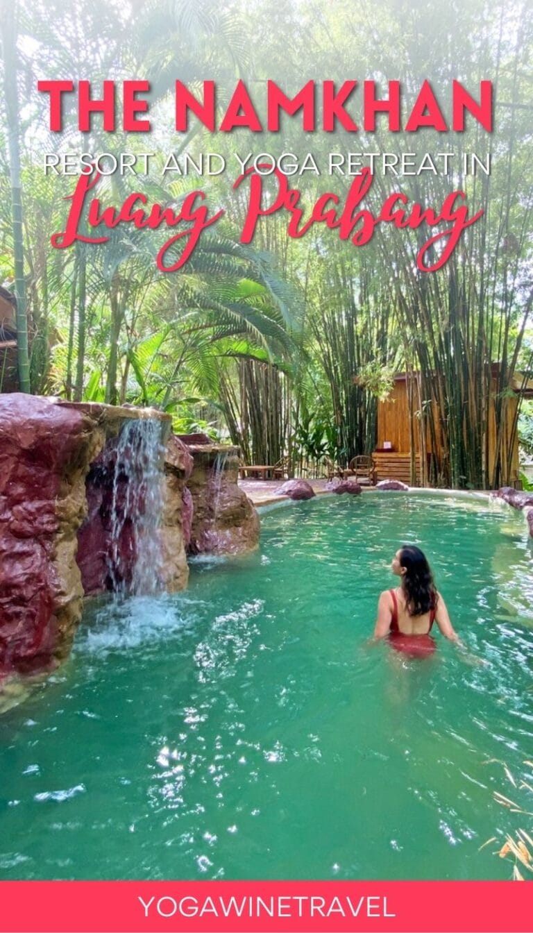 Woman in swimming pool at The Namkhan in Luang Prabang in Laos with text overlay