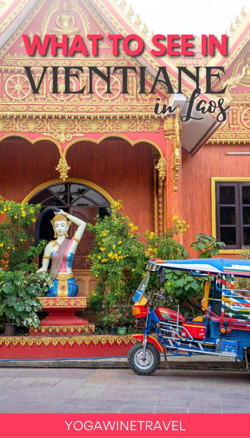 Tuk tuk parked in front of Buddhist temple in Vientiane in Laos with text overlay