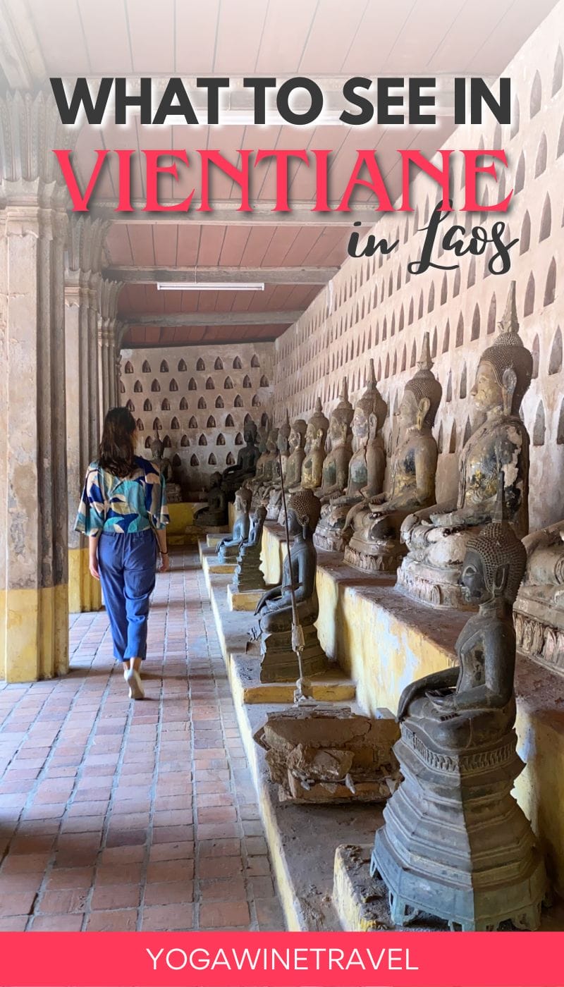 Woman walking in courtyard at Wat Sisaket in Vientiane in Laos with text overlay
