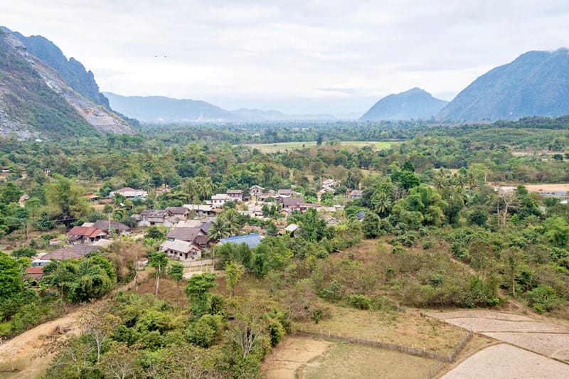 VIew of local villages from a hot air balloon in Vang Vieng Laos