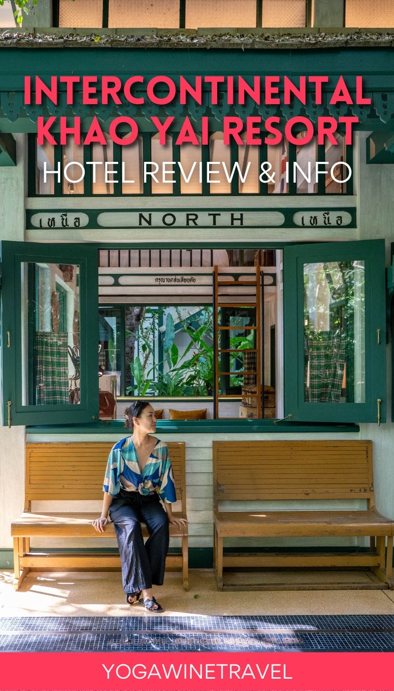 Woman sitting on a beach in front of a heritage renovated train station in Khao Yai Thailand with text overlay