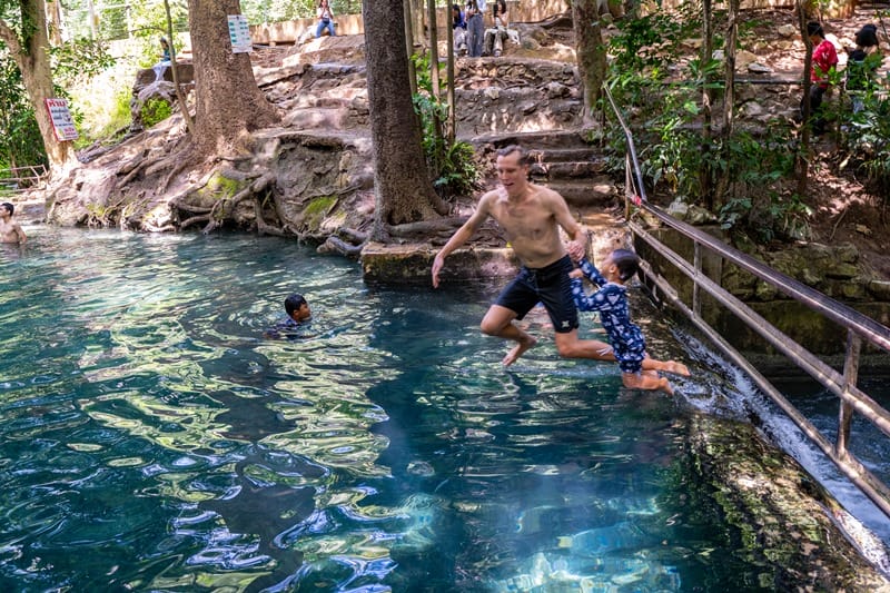 Jumping into Ban Tha Chang in Khao Yai in Thailand