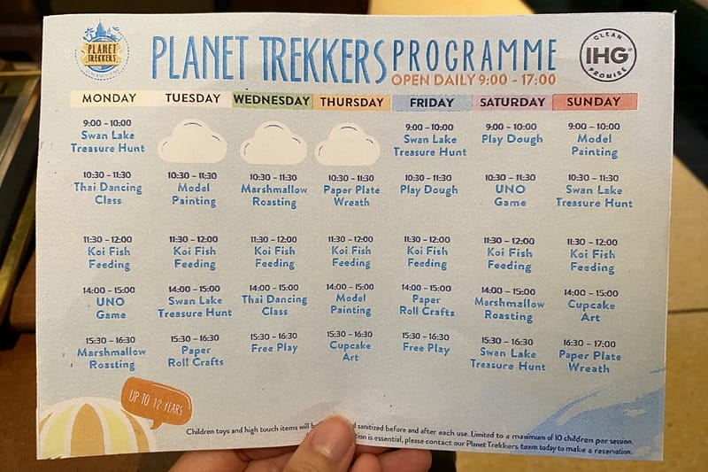 Planet Trekkers kids club schedule at the Khao Yai Intercontinental in Thailand
