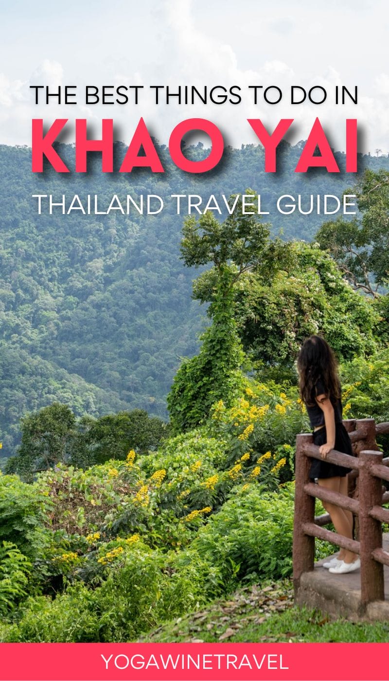 Woman standing at viewing platform in Khao Yai National Park in Thailand with text overlay