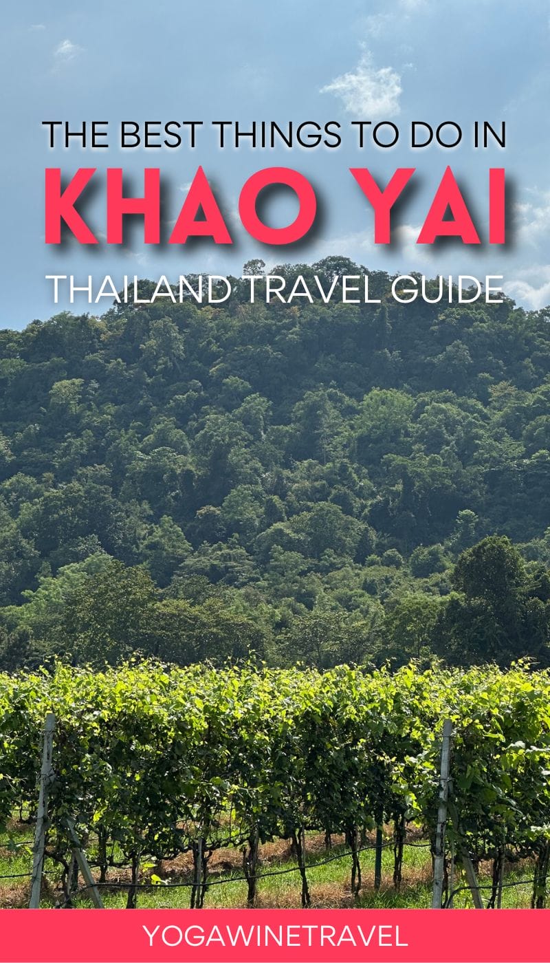 Vineyards with mountains in the background in Khao Yai Thailand with text overlay