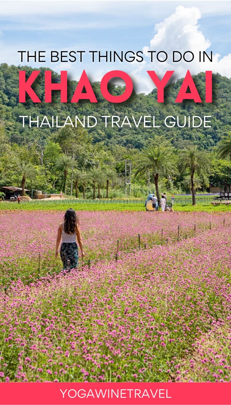 Woman walking through flower field in Khao Yai in Thailand with text overlay