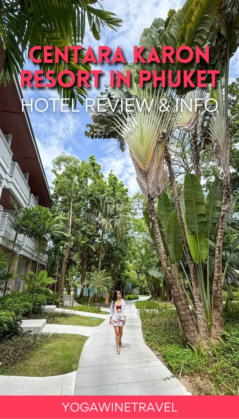 Woman walking in garden at luxury resort in Phuket Thailand with text overlay
